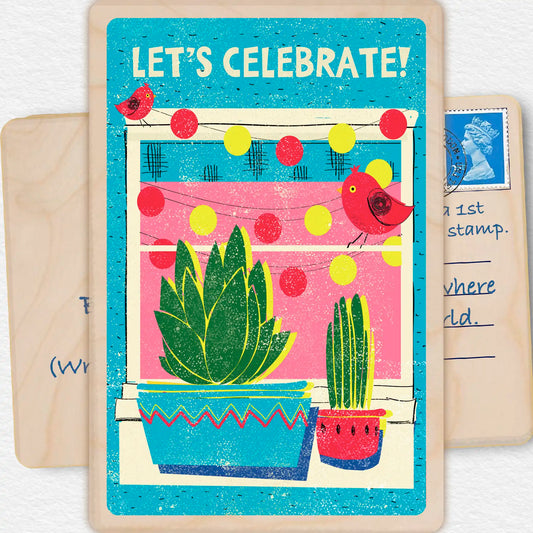 Let's Celebrate! Wooden Birthday Card. Write on the back with any pen and post worldwide with a standard stamp - no envelope needed.