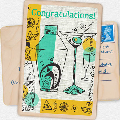 Congratulation Card|Original Cocktail illustration|Wooden cards made in Suffolk since 2012|Shipping to the USA duties & tariffs paid|The Wooden Postcard Company