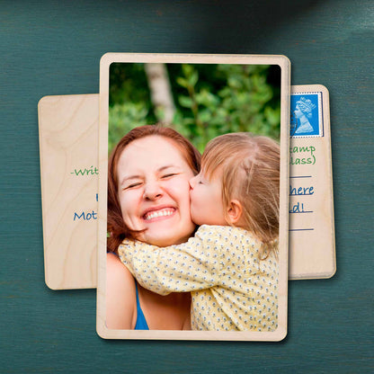 Personalised wooden postcard with custom photo and text.