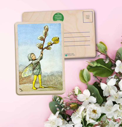 Willow Catkin Fairy by Cicely Mary Barker. Printed with vibrant colour and fine detail. Made to send, keep, or collect. Handmade in the UK since 2012.