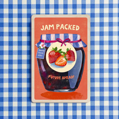 Congratulations Card: a jar of jam with strawberries- the wooden postcard company