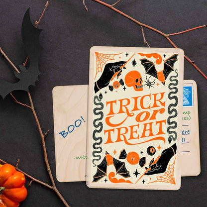 Trick or Treat!&nbsp; Sustainable Card - Wooden Postcard

Made in Suffolk on sustainably sourced wood. Eco-friendly card to send, gift and display.