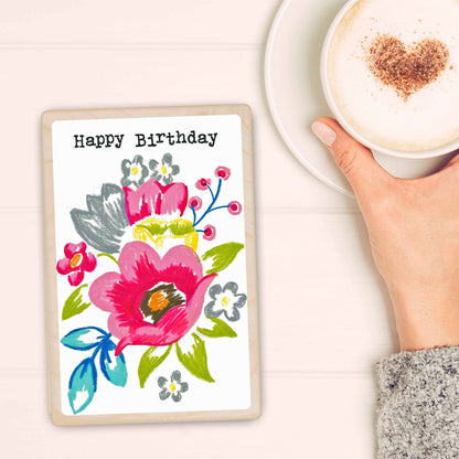 Birthday Card, Floral design by Sarah Kelleher, printed on sustainable wood by The Wooden Postcard Company