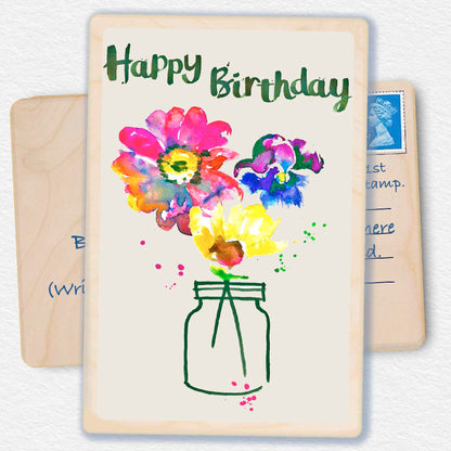 Birthday Card, Floral design by Sarah Kelleher, printed on sustainable wood by The Wooden Postcard Company