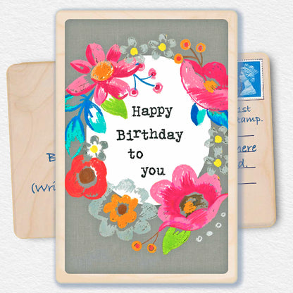 Birthday Card, Floral design by Sarah Kelleher, printed on sustainable wood by The Wooden Postcard Company