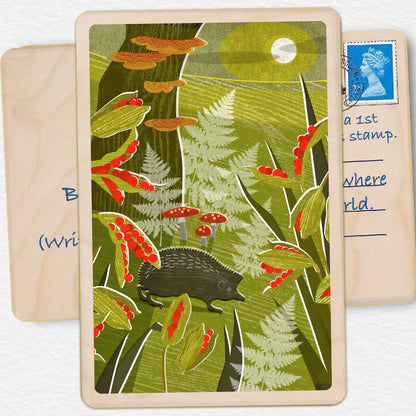 Hedgehog, Sustainable card, Wooden Postcard. Original illustration by Liane Payne, printed on sustainable wood. A beautiful card to send, gift and display.
