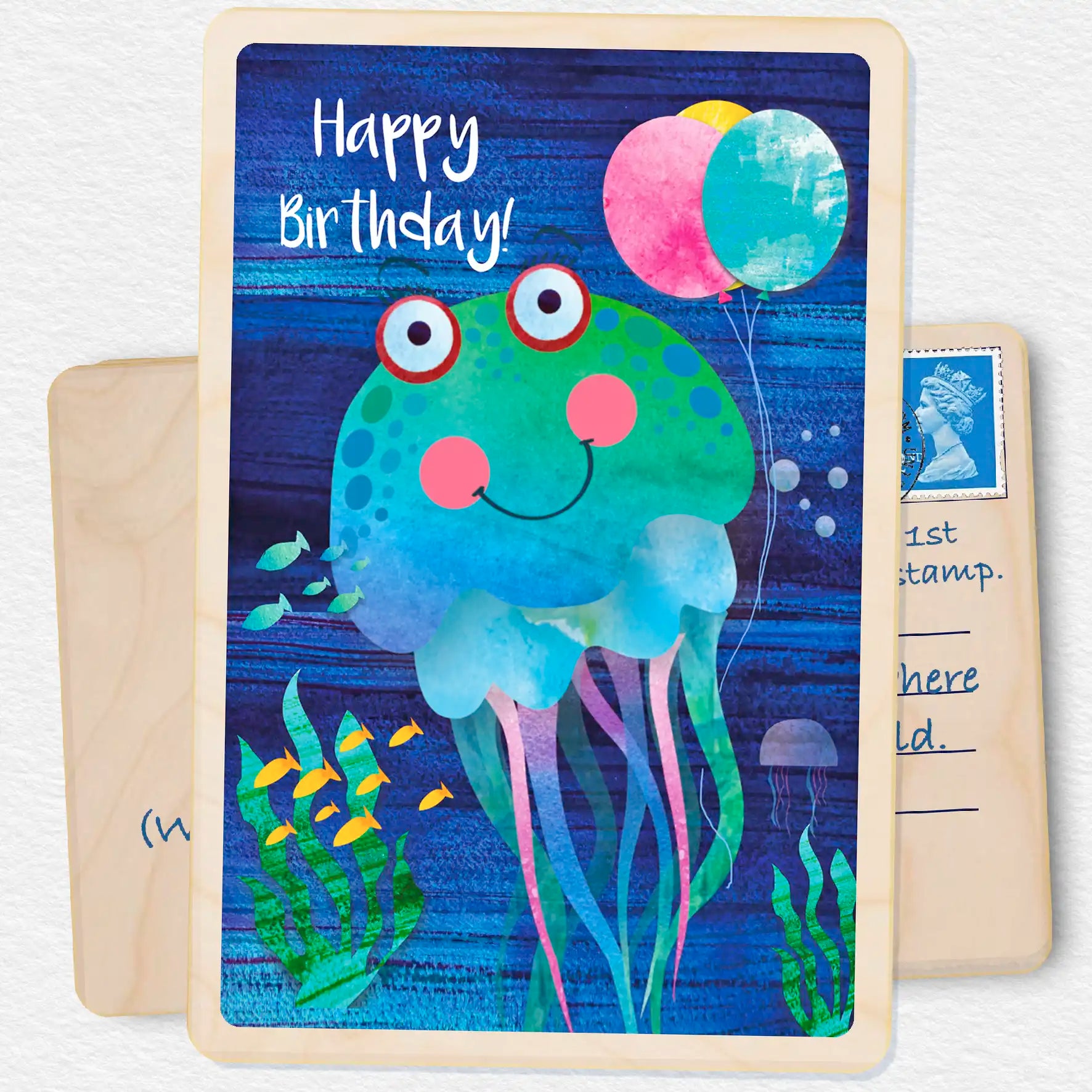 Jellyfish Birthday Card - Seaside Children's Birthday card. Sustainable wood Birthday card by The Wooden Postcard Company. Made in Suffolk since 2012.