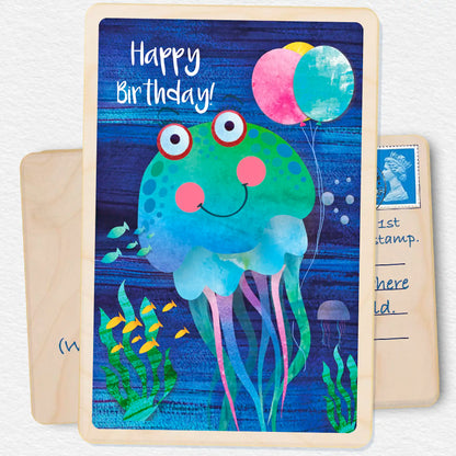 Jellyfish Birthday Card - Seaside Children's Birthday card. Sustainable wood Birthday card by The Wooden Postcard Company. Made in Suffolk since 2012.