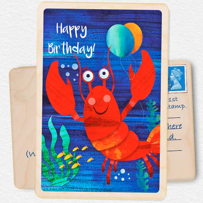 Birthday Lobster - Seaside Children's Birthday card. Sustainable wood Birthday card by The Wooden Postcard Company. Made in Suffolk since 2012.