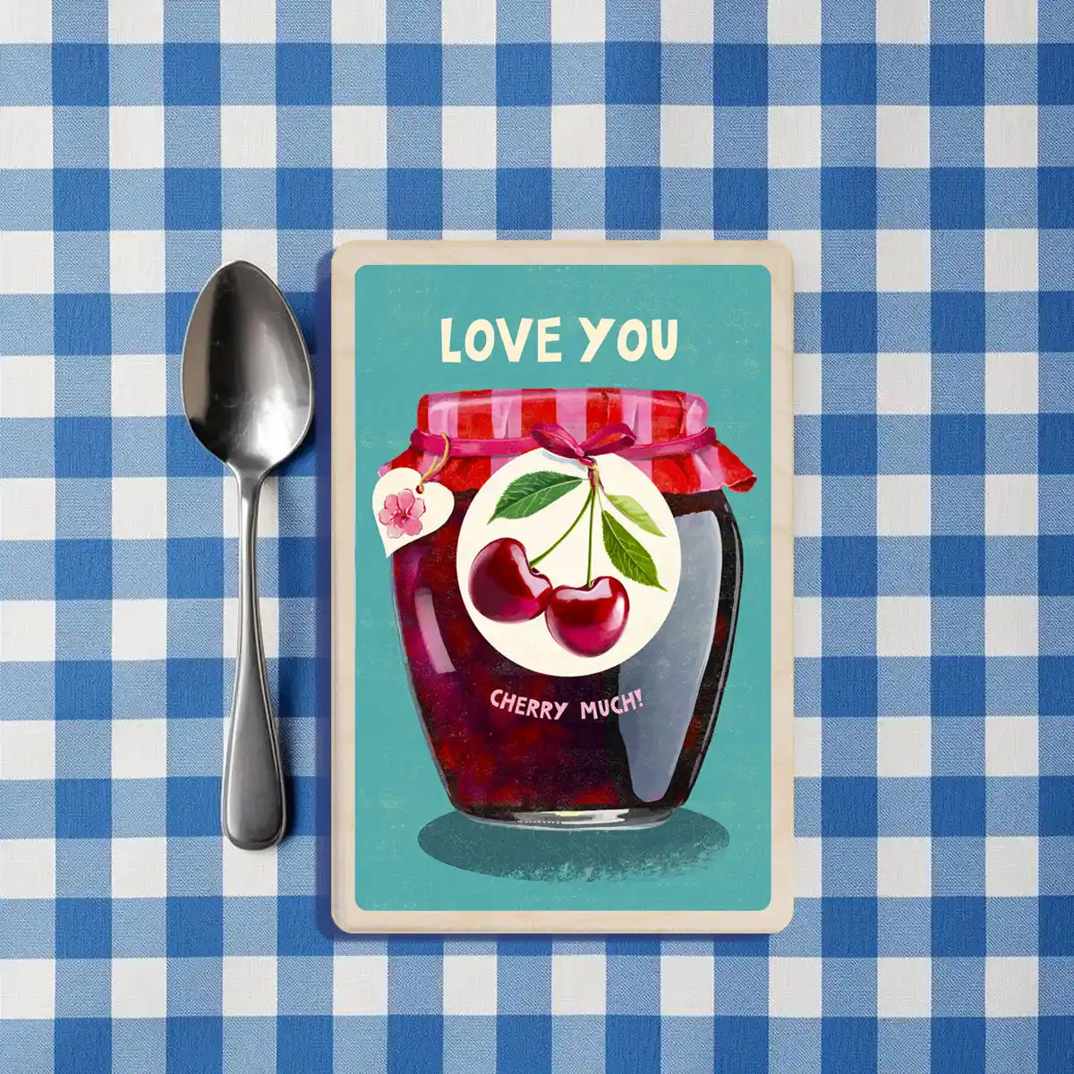 Love card: Jar of cherry jam with a decorative label and 'Love You Cherry Much' The wooden postcard company