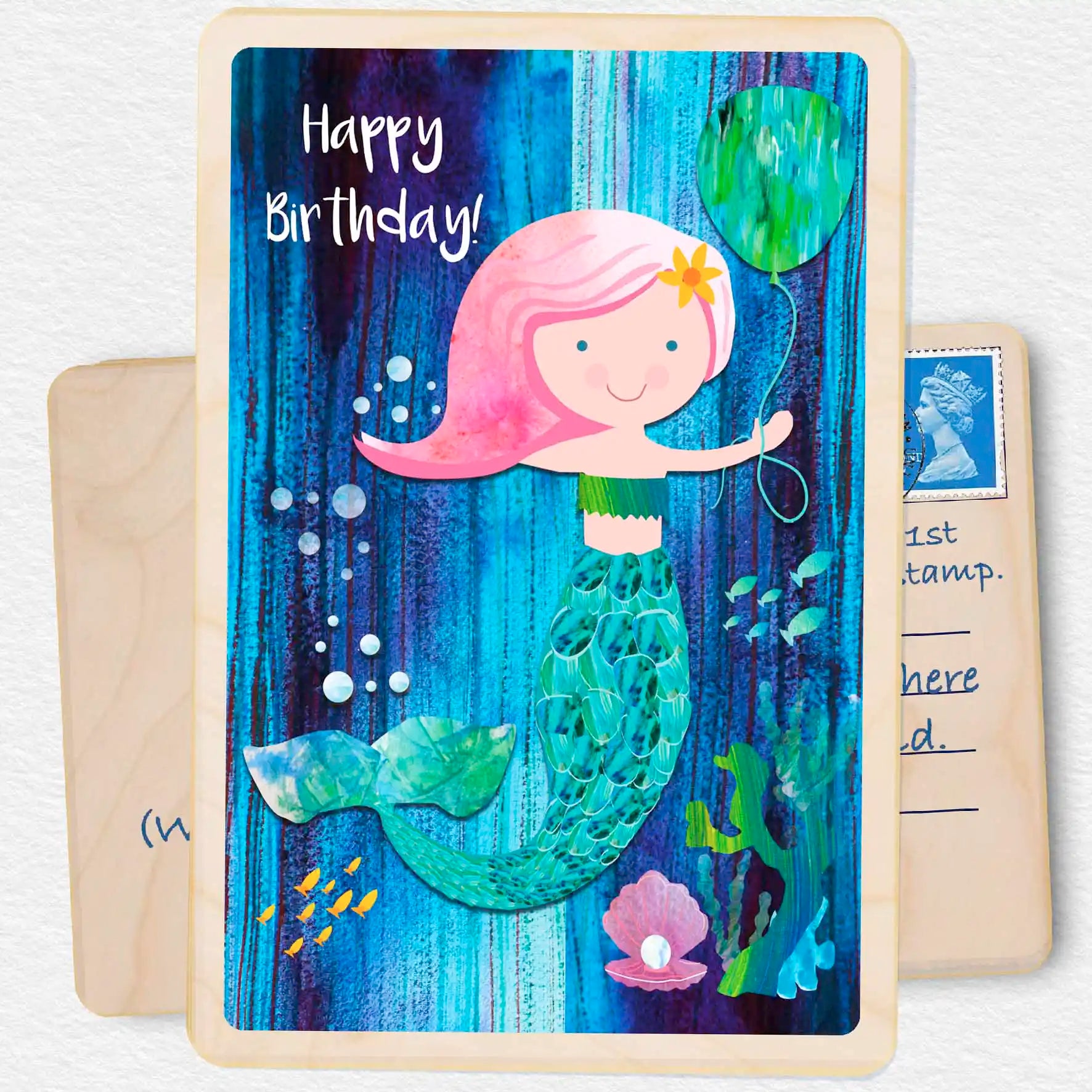 Mermaid  Birthday - Children's Birthday card. Sustainable wood Birthday card by The Wooden Postcard Company. Made in Suffolk since 2012.