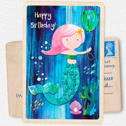 Mermaid  Birthday - Children's Birthday card. Sustainable wood Birthday card by The Wooden Postcard Company. Made in Suffolk since 2012.