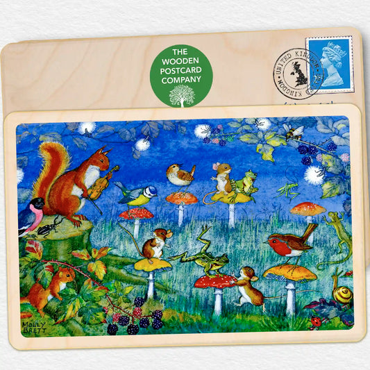 Musical Stools. Sustainable Card, Wooden Postcard. Original illustration by Molly Brett, for children big and small, to send, keep, and display. The Wooden Postcard Company.