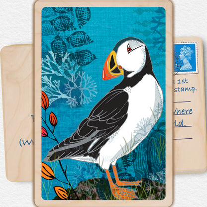 Puffin, Wooden Postcard to send and to keep. The wooden Postcard Company