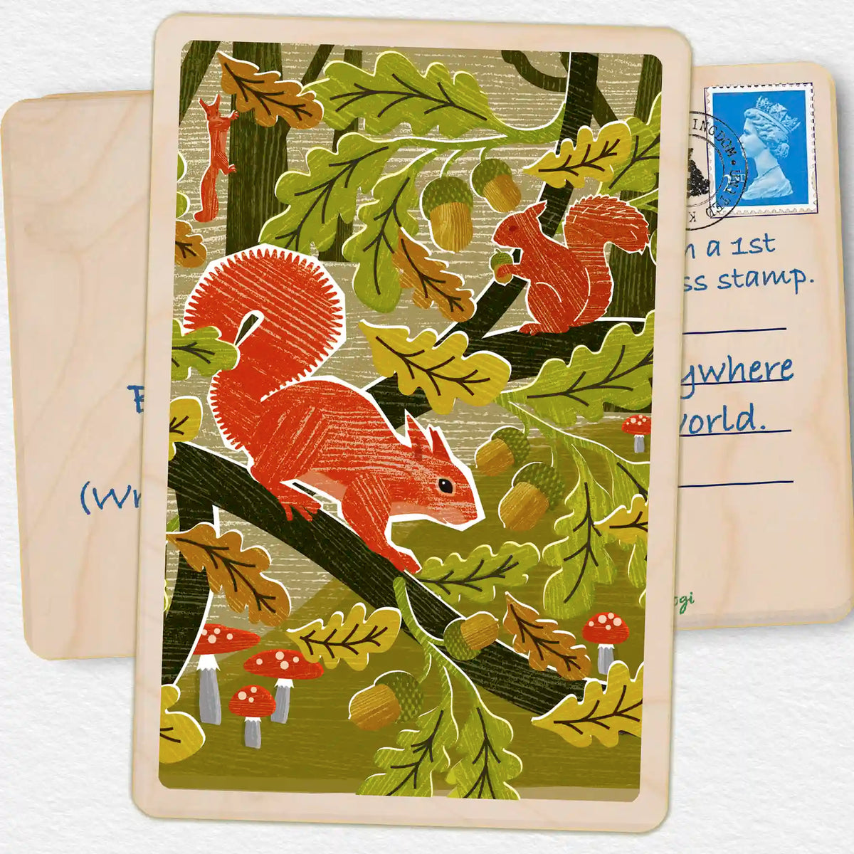 Red Squirrel, Sustainable card, Wooden Postcard. Original illustration by Liane Payne, printed on sustainable wood. A beautiful card to send, gift and display.