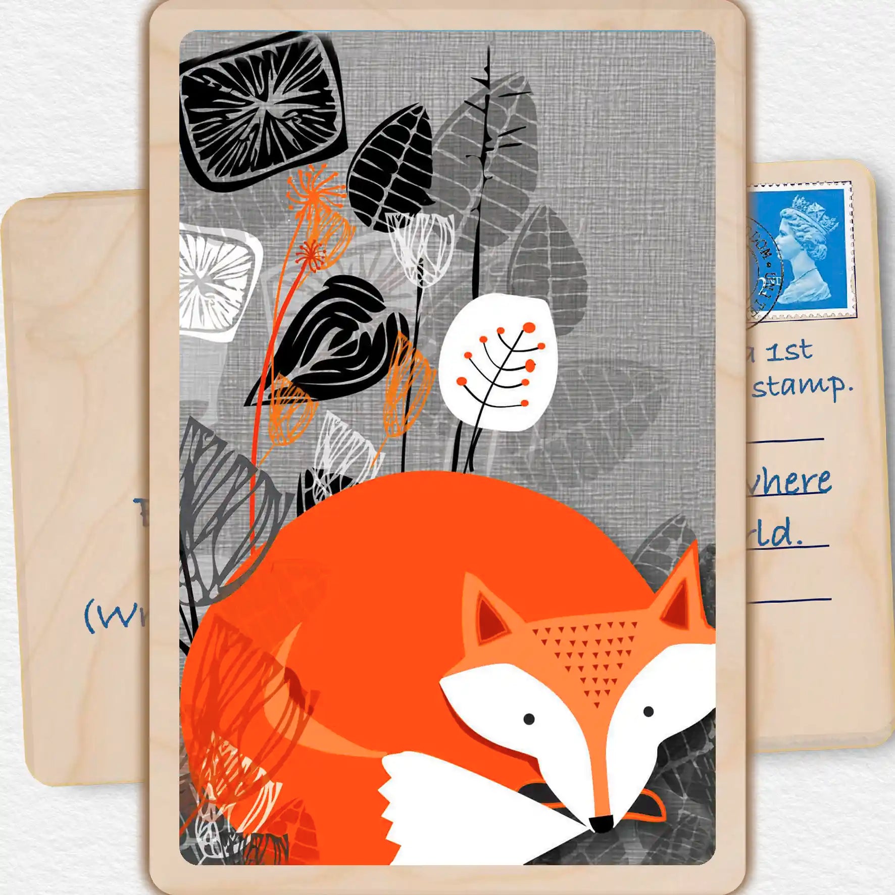 Sleeping Fox, Wooden Postcard to send and to keep. The Wooden postcard Company.