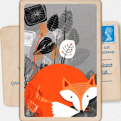 Sleeping Fox, Wooden Postcard to send and to keep. The Wooden postcard Company.
