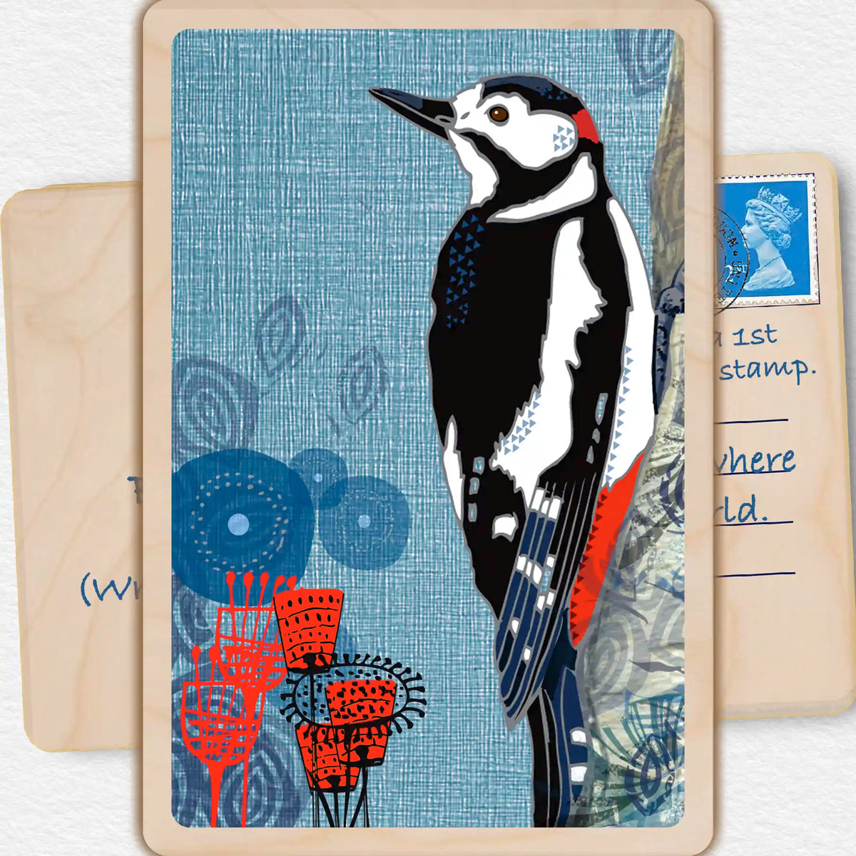 Spotted Woodpecker, Wooden Postcard to send and to keep. The Wooden postcard Company