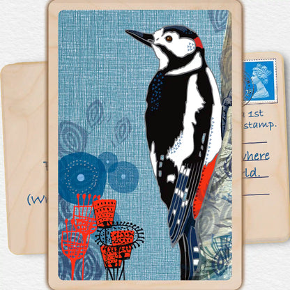 Spotted Woodpecker, Wooden Postcard to send and to keep. The Wooden postcard Company