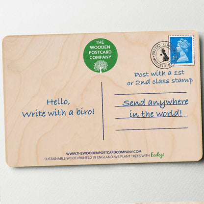 Back of a wooden postcard, write with any pen, post with a standard stamp. The Wooden Postcard Company