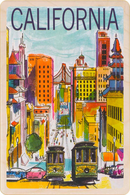 A colorful wooden postcard featuring an illustration of a cityscape with the word 'CALIFORNIA' written across the top. The image includes iconic American sites and landmarks. San Francisco, California – Eco-friendly Card - Wooden Postcard

Write on the back with any pen and post worldwide with a standard stamp. A smart, eco-friendly card and gift.